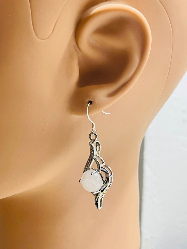 Paire de Boucles d’oreilles en Quartz rose, Diamants Cz et Argent 925 - les bijoux de Thea 