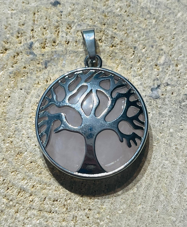 Pendentif en Quartz rose avec arbre de vie - les bijoux de Thea