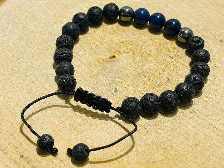 Lot de 5 Bracelets réglables en perles naturelles en Pierre de lave, Hématite et Lapis-lazuli (28) - les bijoux de Thea 