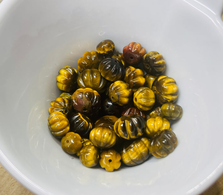 Lot de 5 Perles naturelles en Oeil de Tigre en forme de citrouille - les bijoux de Thea