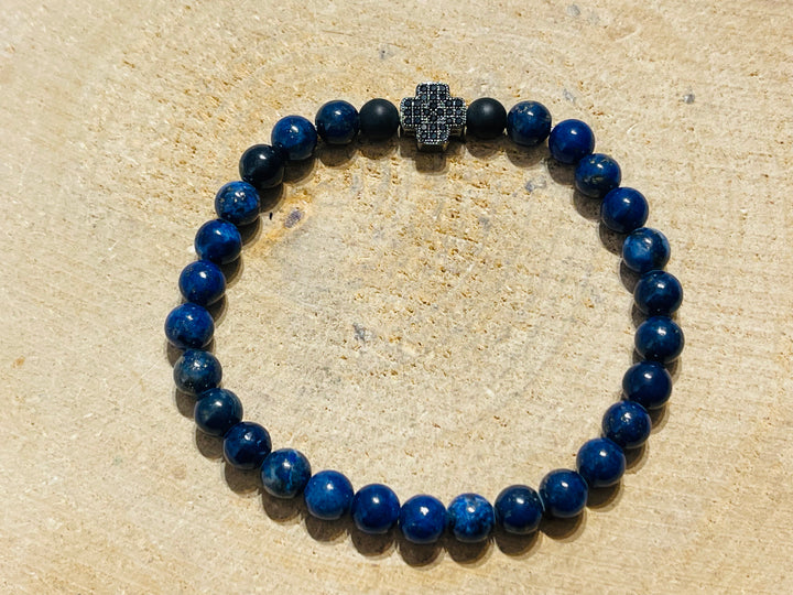 Lot de 5 Bracelets en perles naturelles en Lapis-lazuli, Agates noires et croix en diamants Cz (35) - les bijoux de Thea 