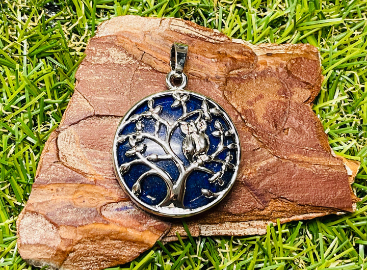 Pendentif en Lapis-lazuli avec arbre et hibou - Les bijoux de Théa