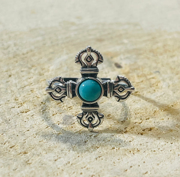 Bague Croix en Argent 925 sertie d’un Larimar, Taille 56-60 (réglable) - les bijoux de Thea