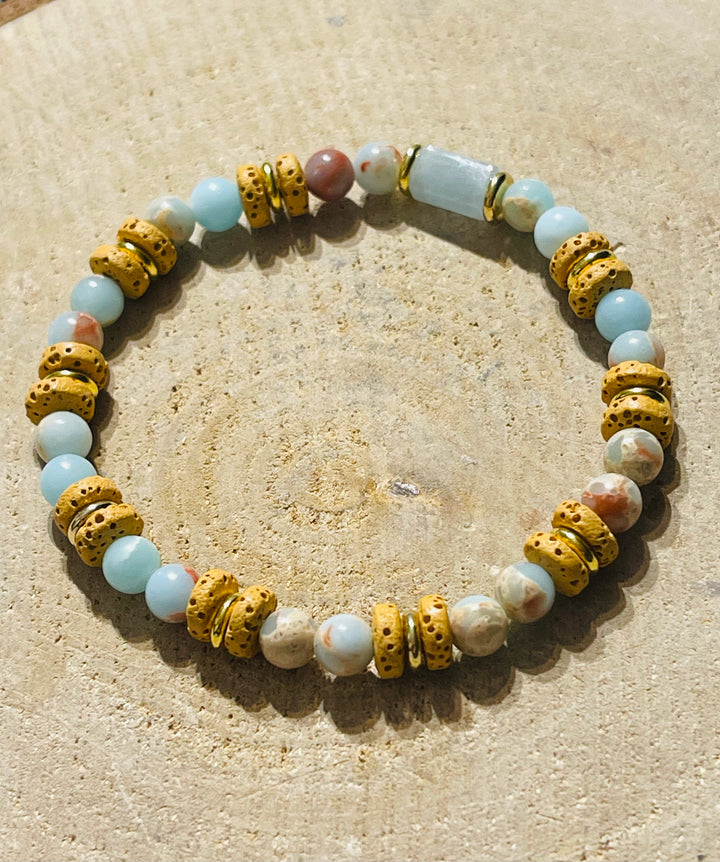 Lot de 5 Bracelets de perles en pierre naturelle en Aigue-marine et Pierre de lave (97) - les bijoux de Thea 