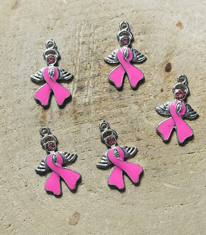 Lot de 5 breloques Ruban rose Ange avec strass rose pour bracelet (2) - les bijoux de Thea 