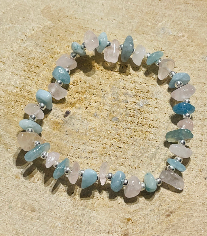 Lot de 5 Bracelets en perles naturelles en Aigue-marine et Quartz rose (91) - les bijoux de Thea 