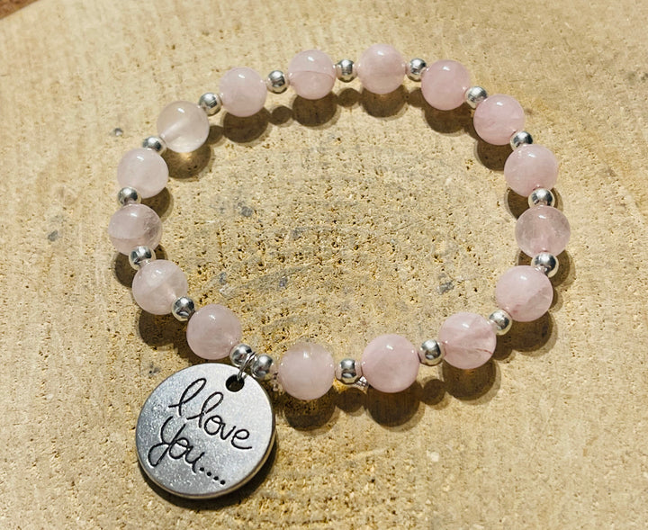 Lot de 5 Bracelets en perles naturelles en Quartz rose et breloque I love you (6) - les bijoux de Thea 