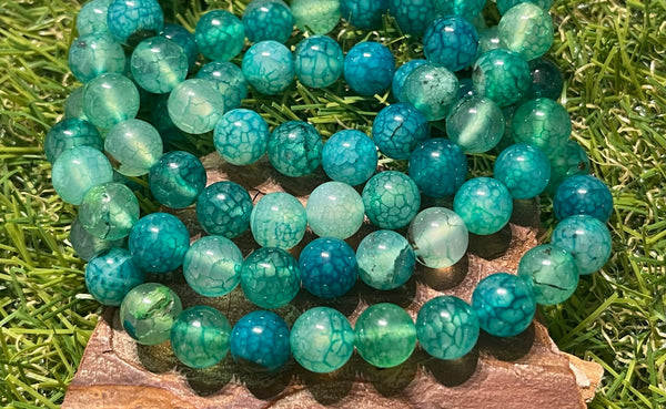 Perles naturelles en Agate veine de dragon verte en 8 mm - Les bijoux de Théa