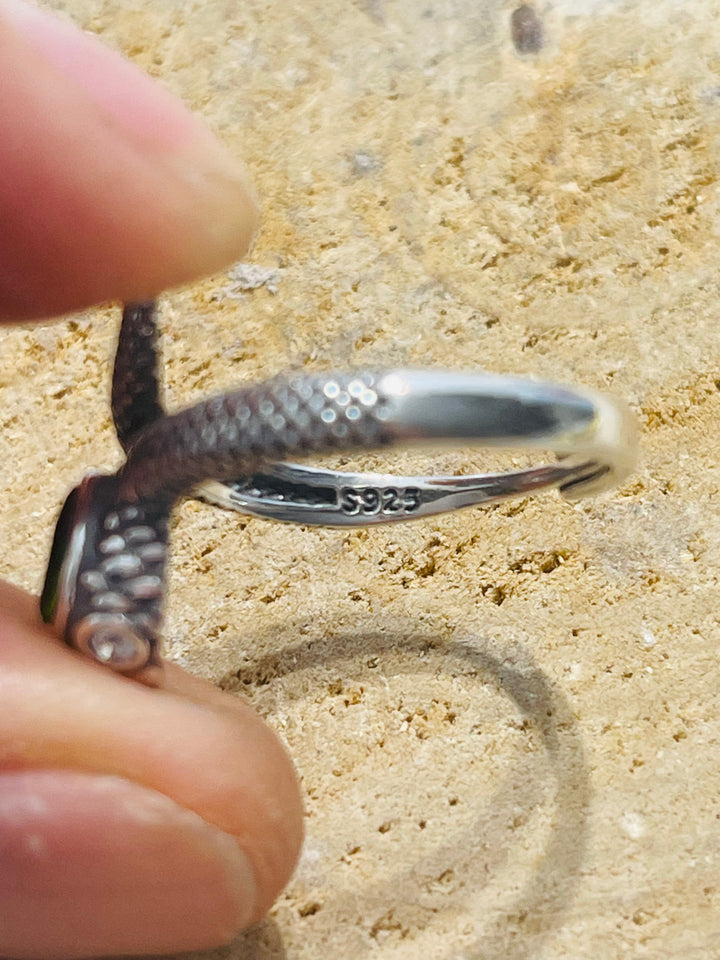 Bague Serpent en Argent 925 sertie d’une Diopside, Taille 57-60 (réglable) - les bijoux de Thea 