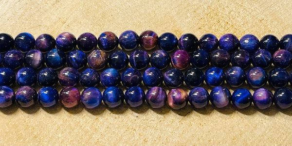 Perles naturelles en Oeil de Tigre violet bleu en 8 mm