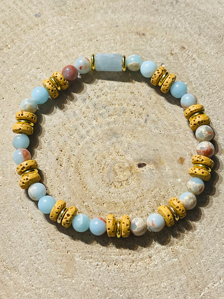 Lot de 5 Bracelets de perles en pierre naturelle en Aigue-marine et Pierre de lave (97) - les bijoux de Thea 