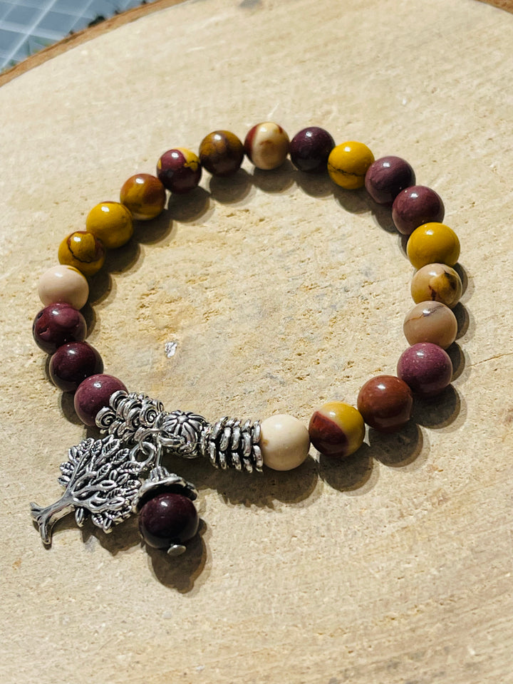Lot de 5 Bracelets en perles en pierre naturelle Jaspe Mokaite 8 mm et arbre de vie (98) - les bijoux de Thea 