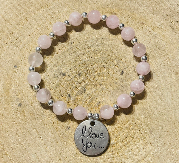 Lot de 5 Bracelets en perles naturelles en Quartz rose et breloque I love you (6) - les bijoux de Thea 