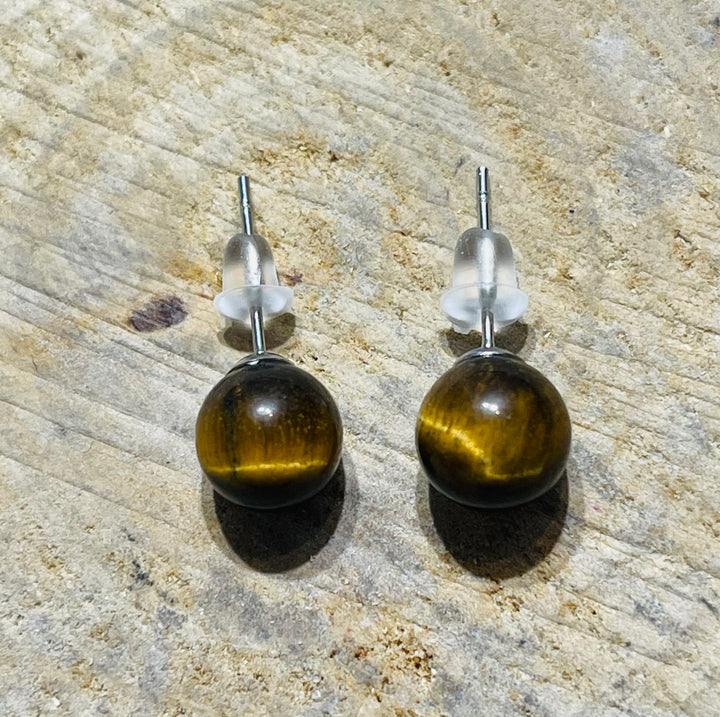 Paire de boucles d’oreilles en Argent 925 sertie d’Oeil de tigre 8 mm - les bijoux de Thea 