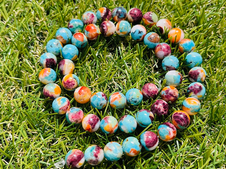 Perles naturelles en Nacre orangé d’huître épineuse et Turquoise en 8 mm (lot de 10) - Les bijoux de Théa