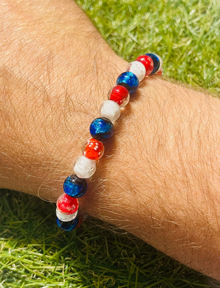 Bracelet en perles Lumineuses France bleu blanc rouge en 8 mm - les bijoux de Thea 