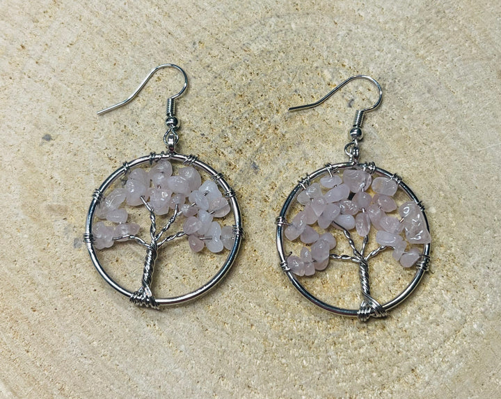 Paire de Boucle d’oreilles en Quartz rose en forme d arbre de vie - les bijoux de Thea 