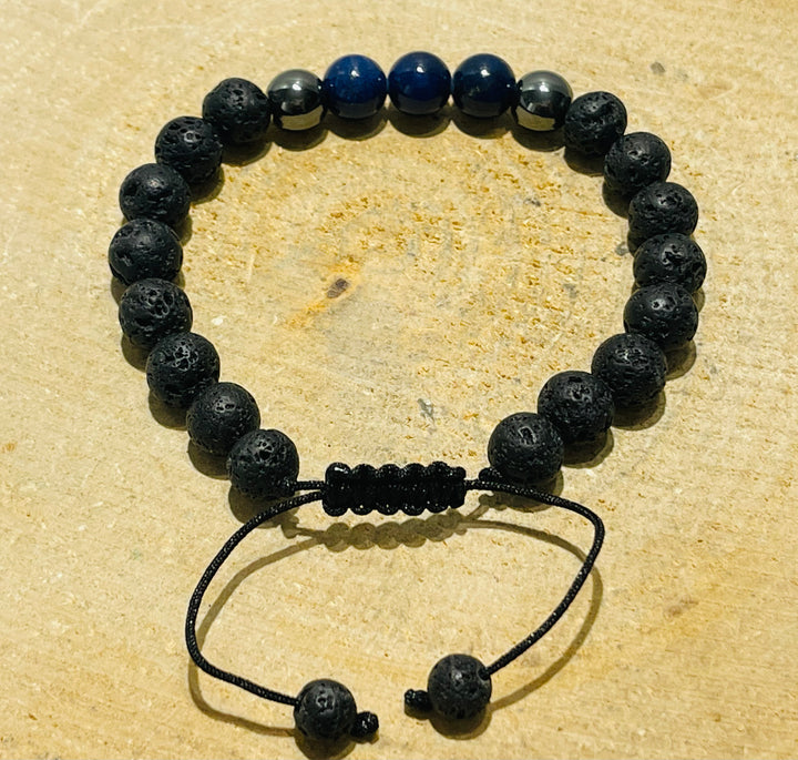 Lot de 5 Bracelets réglables en perles naturelles en Pierre de lave, Hématite et Lapis-lazuli (28) - les bijoux de Thea 