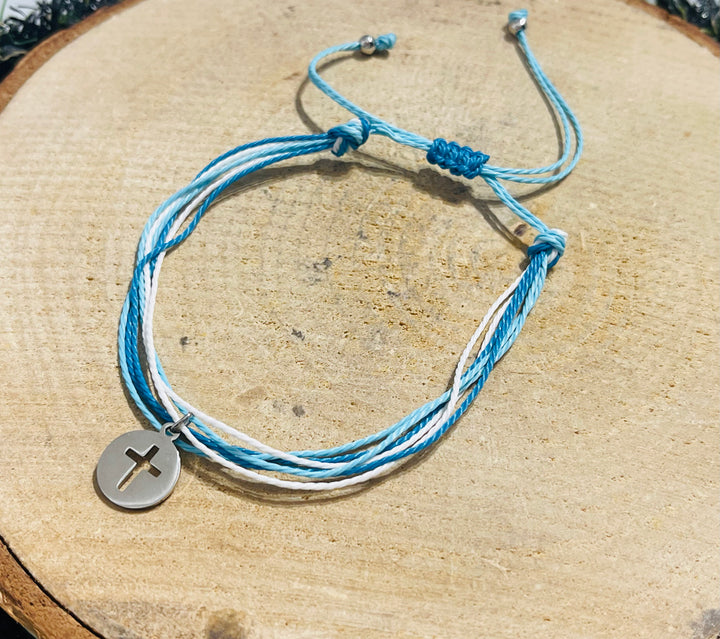 Lot de 5 Bracelets réglables en cordon ciré bleu et croix (55) - les bijoux de Thea 