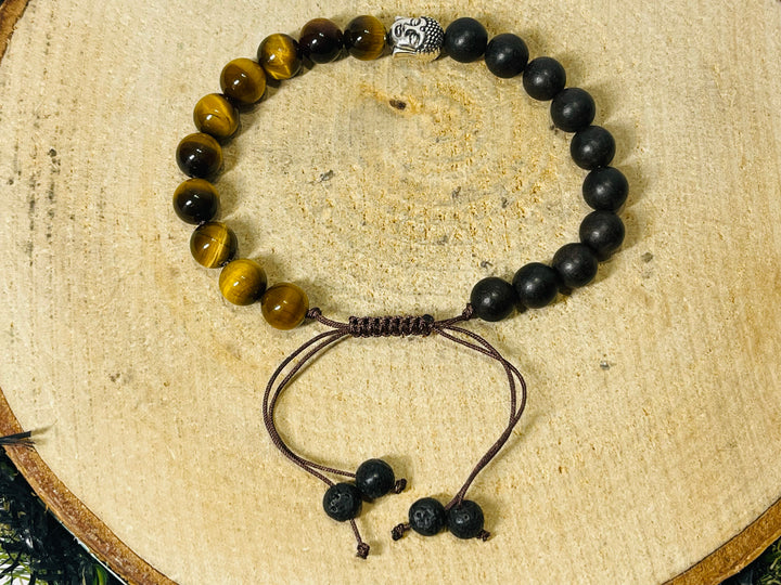 Lot de 5 Bracelets réglables en perles naturelles en Oeil de tigre, bois de santal, pierre de lave et bouddha (25) - les bijoux de Thea 