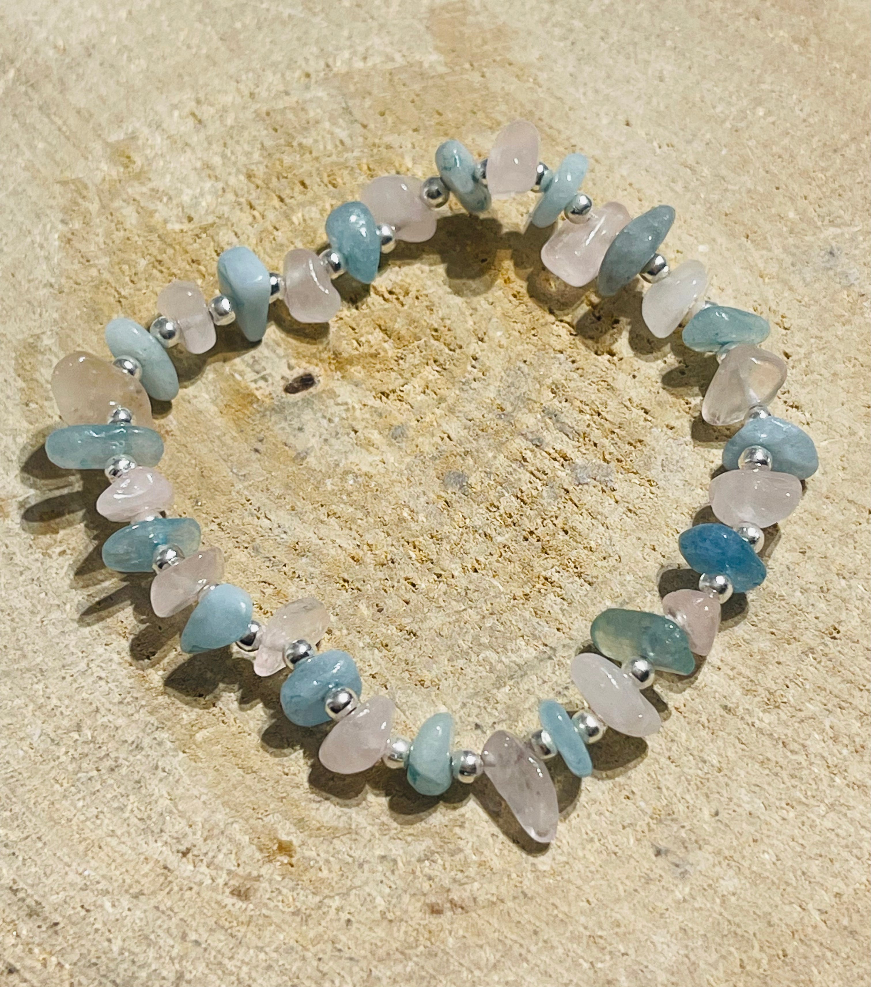Bracelet Perles Aigue Marine Et Quartz Rose Sur Mesure - Fait Main, Sans Fermoir