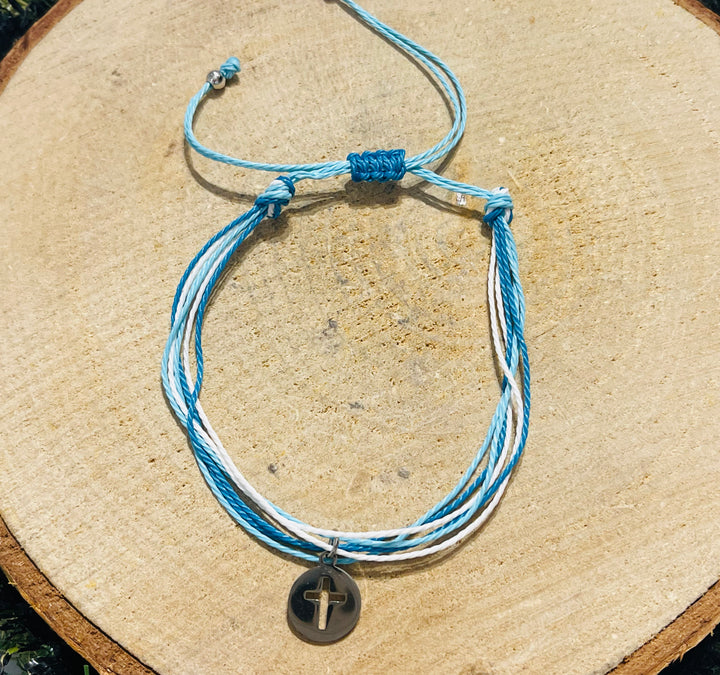 Lot de 5 Bracelets réglables en cordon ciré bleu et croix (55) - les bijoux de Thea 