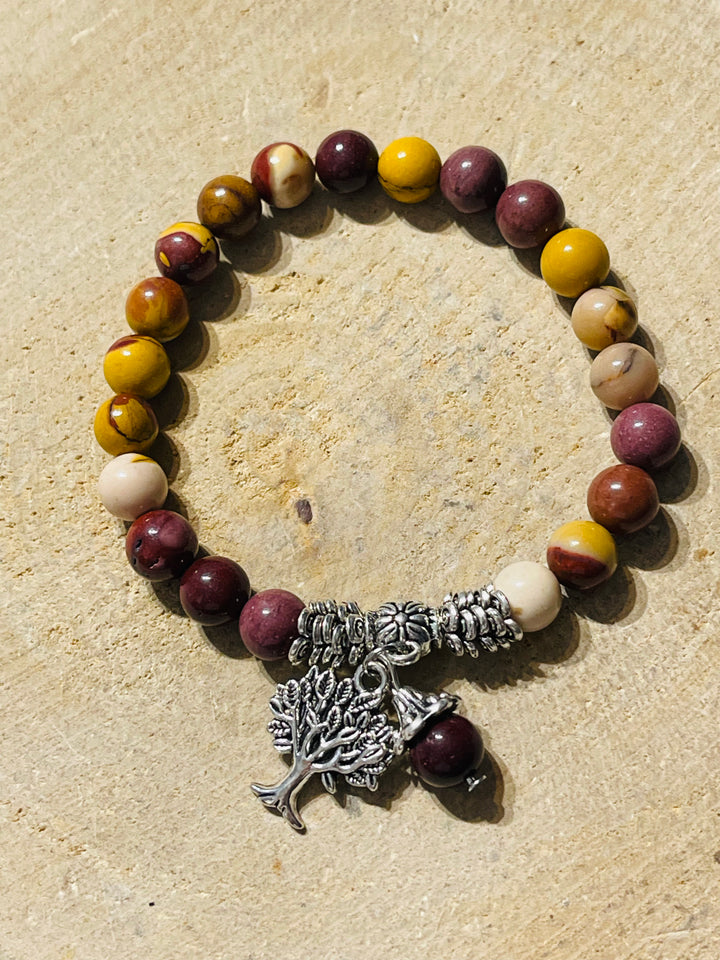 Lot de 5 Bracelets en perles en pierre naturelle Jaspe Mokaite 8 mm et arbre de vie (98) - les bijoux de Thea