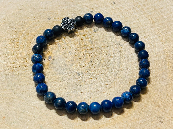 Lot de 5 Bracelets en perles naturelles en Lapis-lazuli, Agates noires et croix en diamants Cz (35) - les bijoux de Thea 