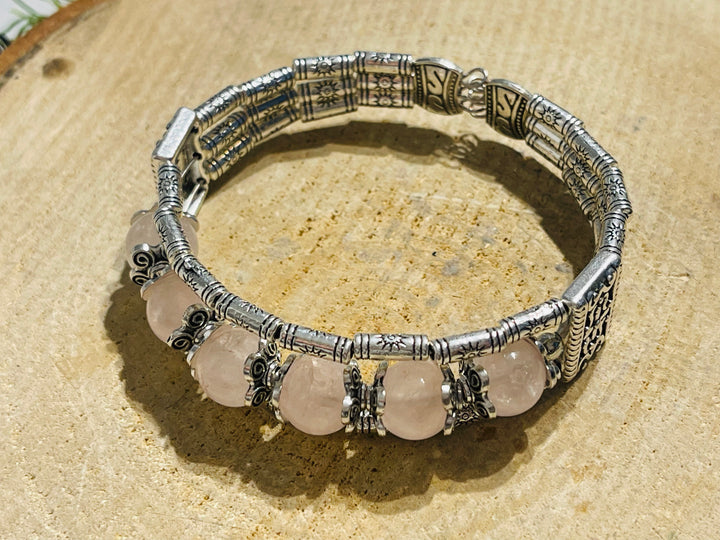 Lot de 5 Bracelets tibetains en perles en pierre naturelle en Quartz rose 8 mm (92) - les bijoux de Thea 