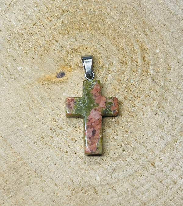 Pendentif Croix en Unakite - Les bijoux de Théa