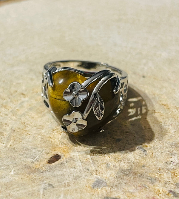 Bague Coeur en Oeil de tigre, Taille réglable - les bijoux de Thea 
