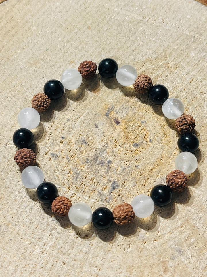 Lot de 5 Bracelets de perles en pierres naturelles en Graines de Rudraksha, Sélénite et Obsidienne (93) - les bijoux de Thea 