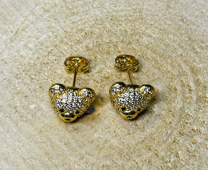 Paire de boucle d’oreilles ourson ours nounours en plaqué or et diamants CZ - Les bijoux de Théa