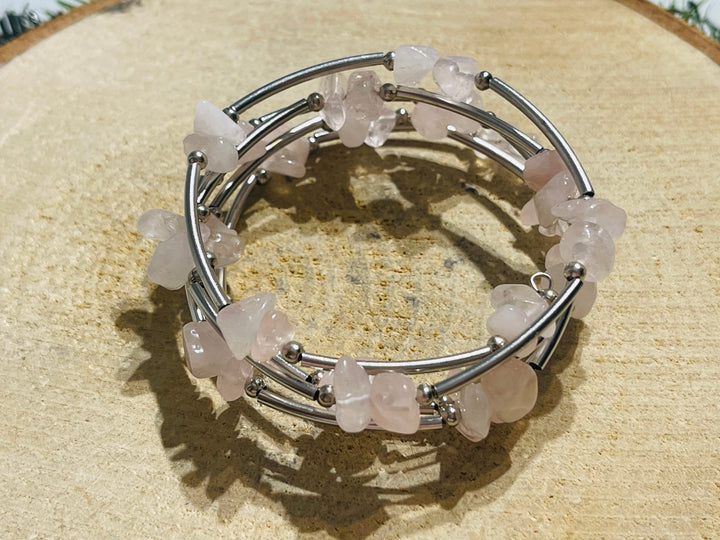 Lot de 5 Bracelets fil à mémoire en perles naturelles en Quartz rose (10) - les bijoux de Thea 