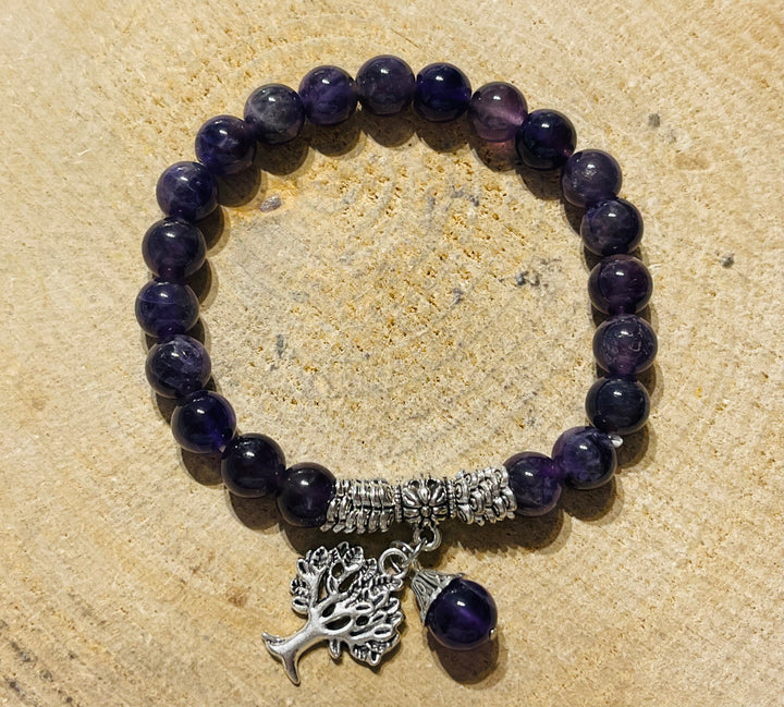 Lot de 5 Bracelets en perles en pierre naturelle Amethyste 8 mm et arbre de vie (78) - les bijoux de Thea 