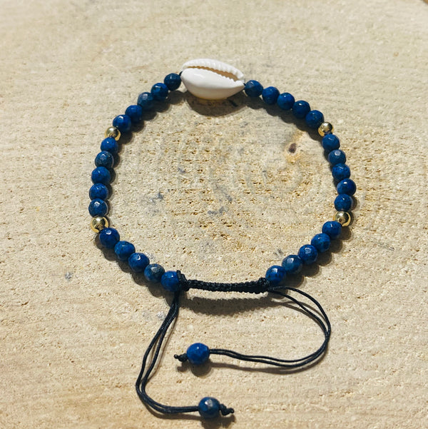 Lot de 5 Bracelets réglables en perles en pierre naturelle en Lapis-lazuli facettée et Cauris (82) - les bijoux de Thea 