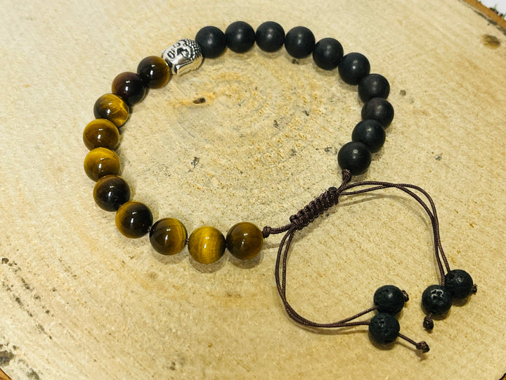 Lot de 5 Bracelets réglables en perles naturelles en Oeil de tigre, bois de santal, pierre de lave et bouddha (25) - les bijoux de Thea 