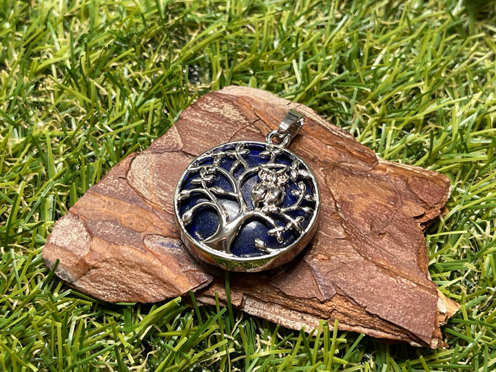 Pendentif en Lapis-lazuli avec arbre et hibou - Les bijoux de Théa