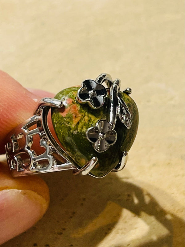 Bague Coeur en unakite, Taille réglable - Les bijoux de Théa