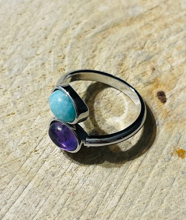 Bague double pierre Amethyste et Amazonite, Taille réglable - Les bijoux de Théa