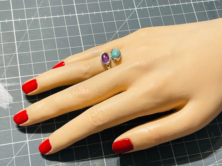 Bague double pierre Amethyste et Amazonite, Taille réglable - Les bijoux de Théa