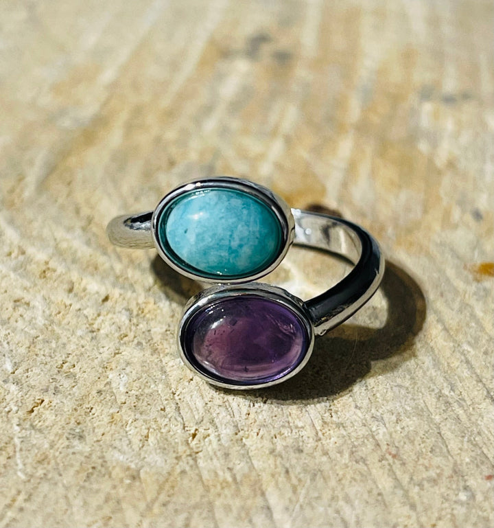 Bague double pierre Amethyste et Amazonite, Taille réglable - Les bijoux de Théa