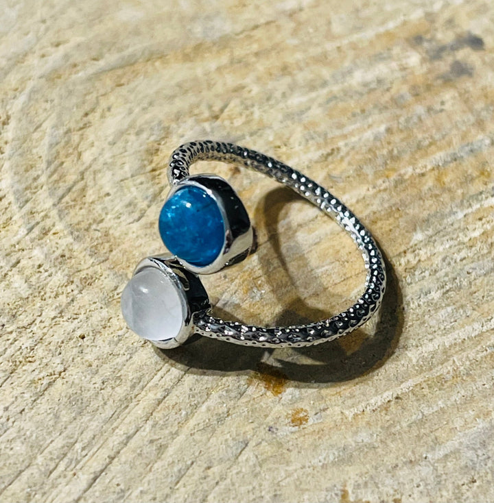 Bague double pierre Apatite et Quartz rose , Taille réglable - Les bijoux de Théa