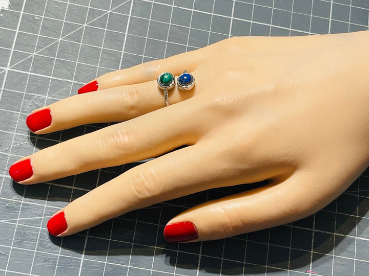 Bague double pierre Malachite et Lapis lazuli, Taille réglable - Les bijoux de Théa