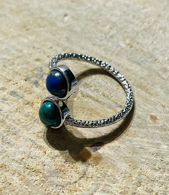 Bague double pierre Malachite et Lapis lazuli, Taille réglable - Les bijoux de Théa