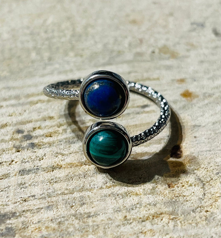 Bague double pierre Malachite et Lapis lazuli, Taille réglable - Les bijoux de Théa