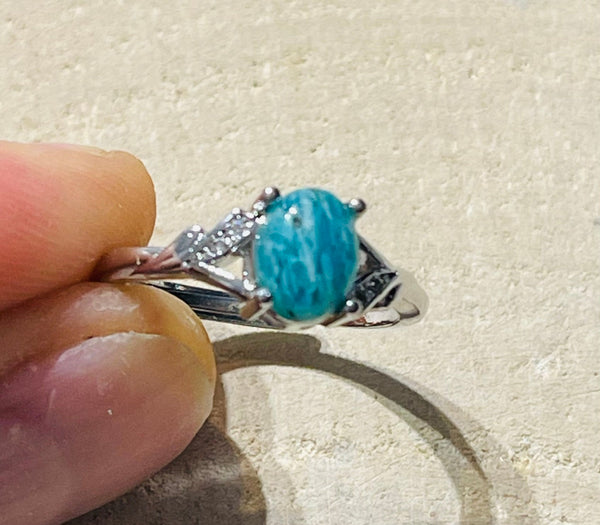 Bague en Amazonite ovale et Diamants Cz, Taille réglable - Les bijoux de Théa