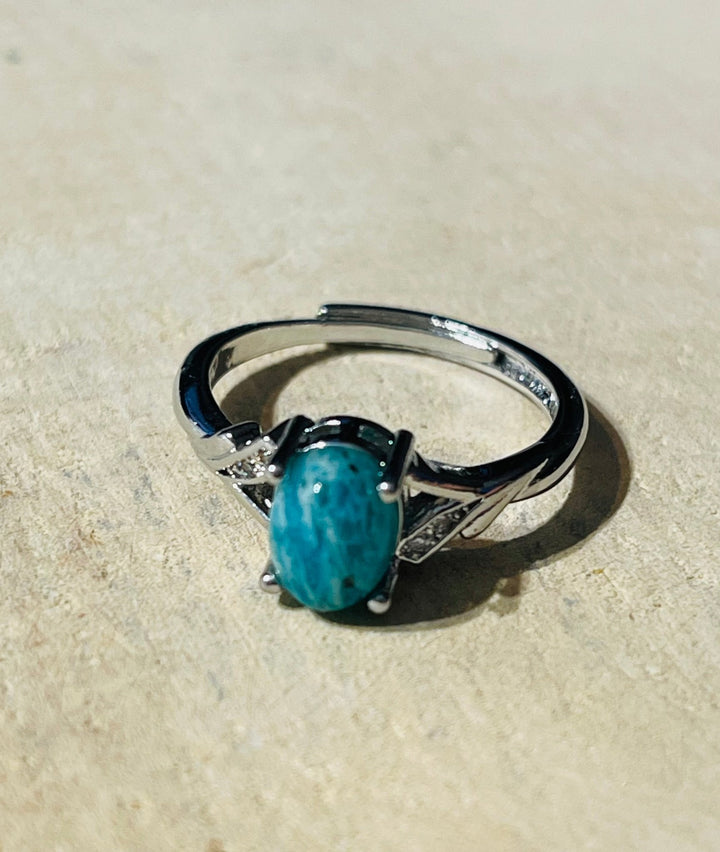 Bague en Amazonite ovale et Diamants Cz, Taille réglable - Les bijoux de Théa