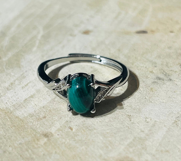 Bague en Malachite et Diamant Cz, Taille réglable - Les bijoux de Théa