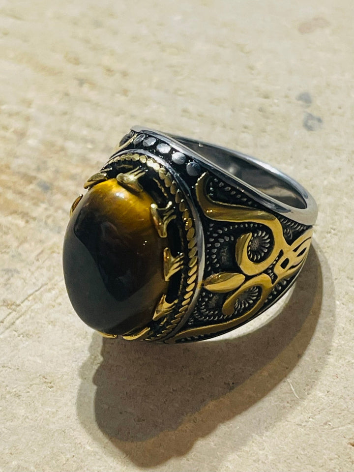 Bague en Œil de tigre ovale, Taille 60 - Les bijoux de Théa